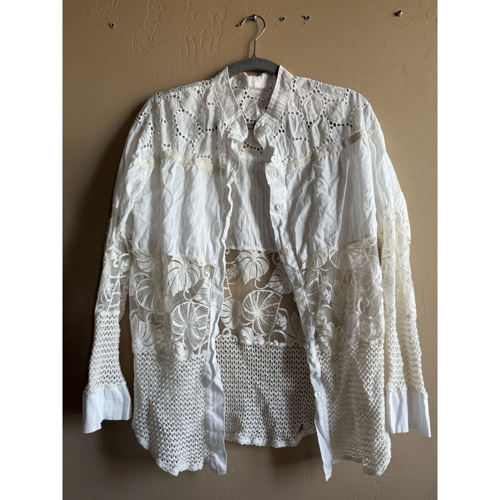 Made In Italy‎ 100% Cotton Crochet And Lace White Button Down Long Sleeve M